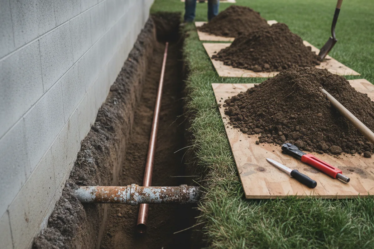 Excavated water line trench during Water Softener Installation in Glendora